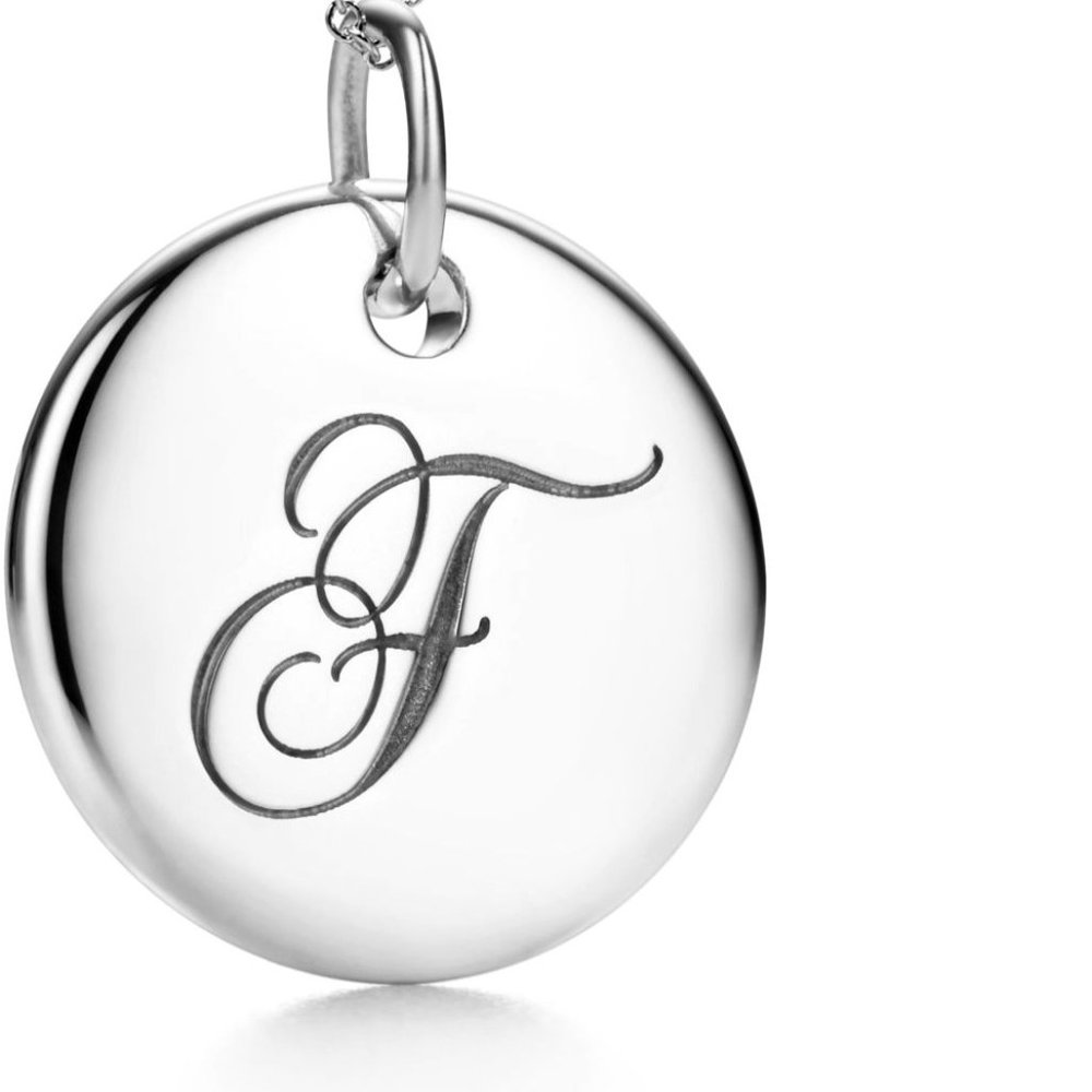 Tiffany & Co F Script Alphabet Initial Round Circle Notes Disc Charm Silver